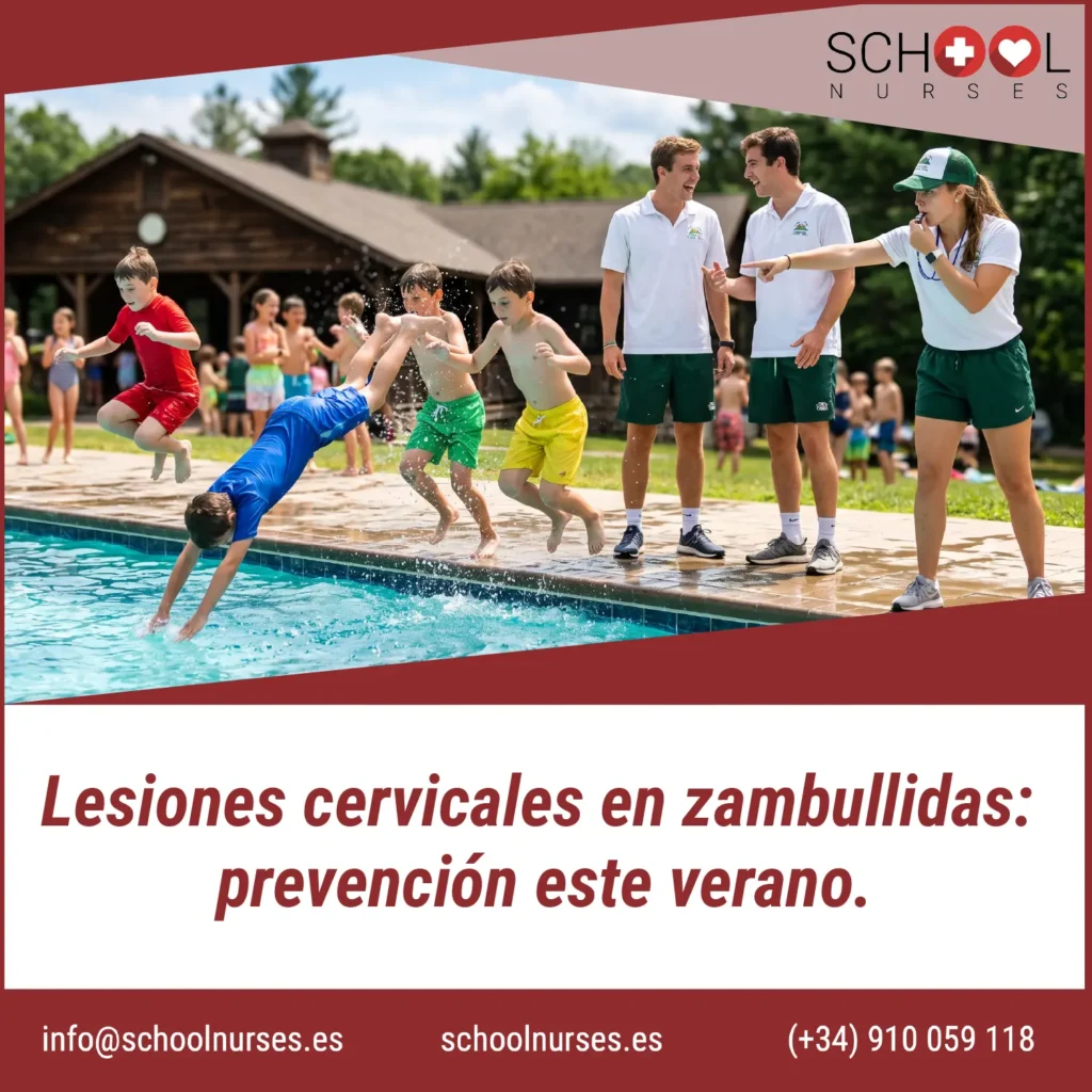 Niños saltando a una piscina supervisados por monitores en un campamento de verano, escena relacionada con la prevención de lesiones cervicales.